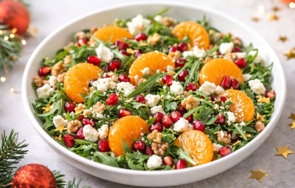 Świąteczna sałatka z rukolą, mandarynkami i granatem
