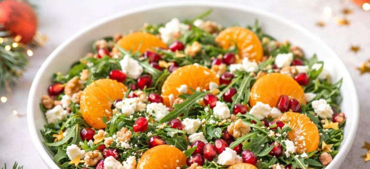 Świąteczna sałatka z rukolą, mandarynkami i granatem